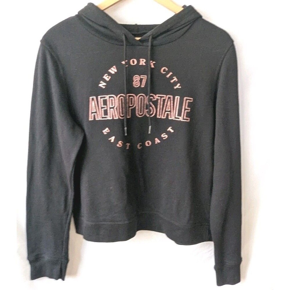 Aeropostale Womens Black Hoodie Sweatshirt Rose Gold Logo NY 87 Size L Y2K Style